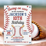 Invitación "Swing On Over – Baseball Birthday Boy Party<br><div class="desc">Step up to the plate and celebrate in style with this classic baseball-themed birthday invitation! Featuring bold “SWING ON OVER” text, red pinstripes inspired by a baseball jersey, crossed bats, and a baseball, this design is perfect for your little slugger’s big day. Great for boys of all ages who love...</div>