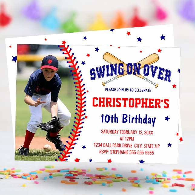 Invitación Swing On Over Boys Baseball Birday Party Photo (Swing On Over Boys Baseball Birthday Party Photo Invitation)