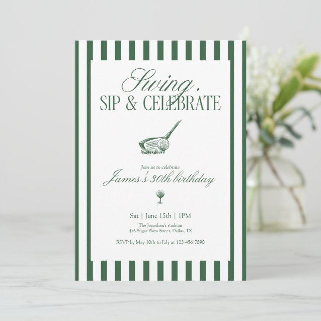 Invitación Swing Sip Celebrate Golf Birthday Green Stripe (Anverso de pie)