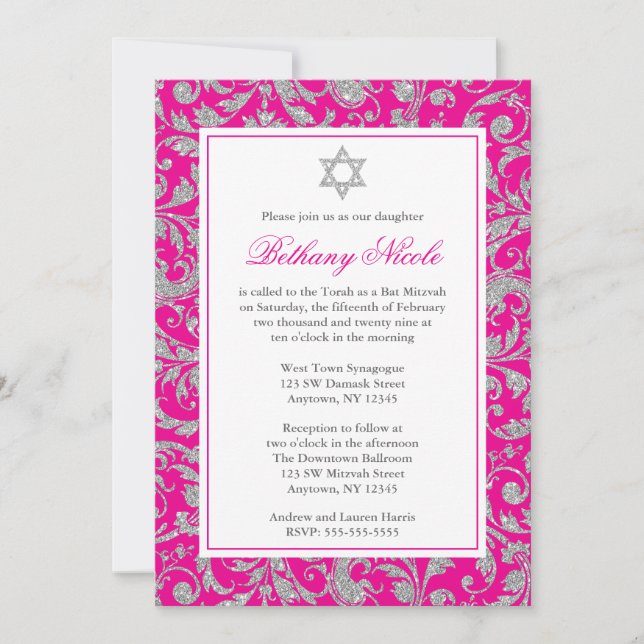 Invitación Swirl Damask Bat Mitzvah Purpurina Plata Rosada Ca (Anverso)