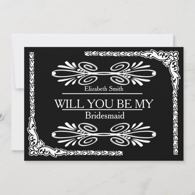 Invitación Swirl de fondo negro Serás mi dama de honor (Anverso)