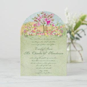 Invitación Swirled Pink Green Flower Love Birds Tree Wedding
