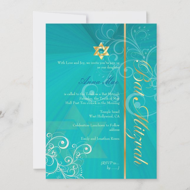 Invitación Swirls Bat Mitzvah/aqua azul/oro (Anverso)