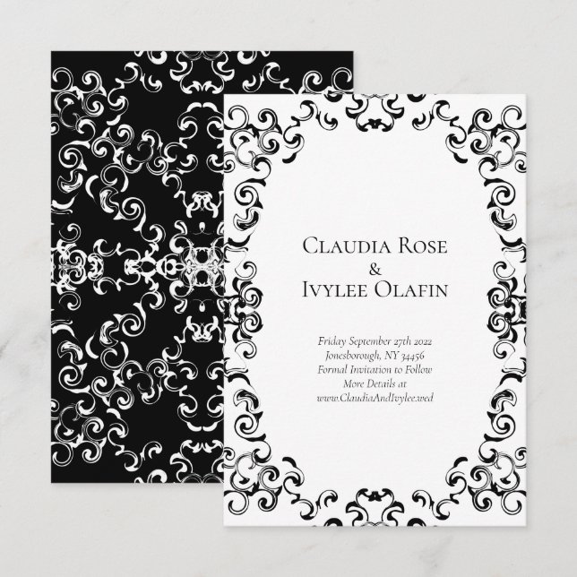 Invitación Swirls de Boda blanco y negro (Anverso / Reverso)