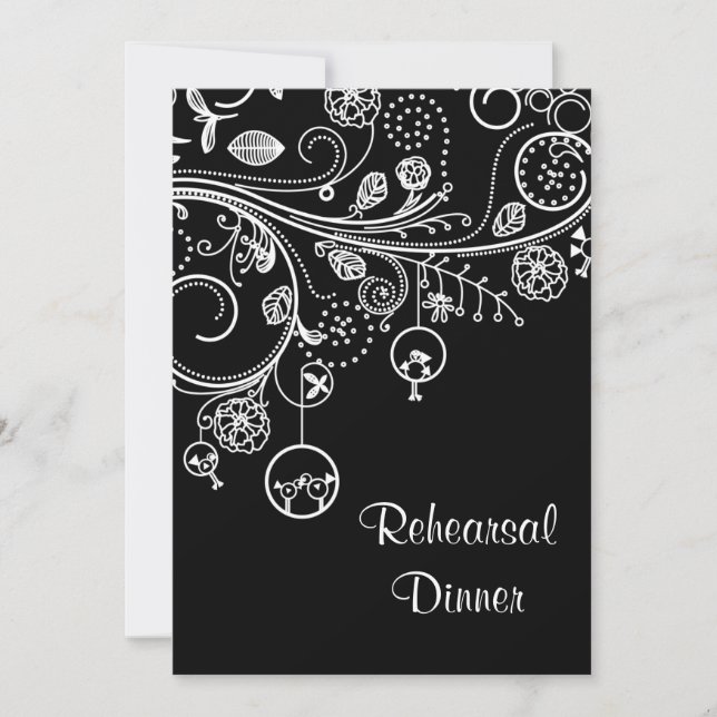 Invitación Swirls, pájaros bodas blancos negros Ensayos Cena (Anverso)