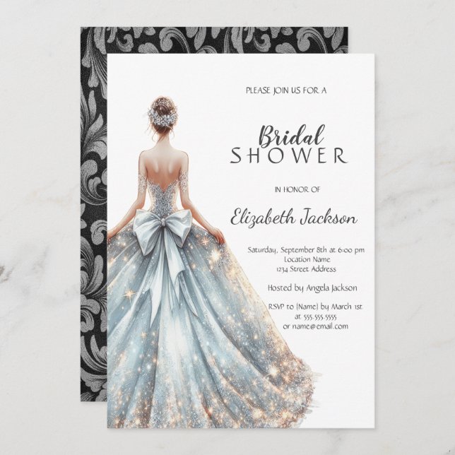 Invitación Swirls plateado,ducha de novia con vestimenta Purp (Anverso / Reverso)