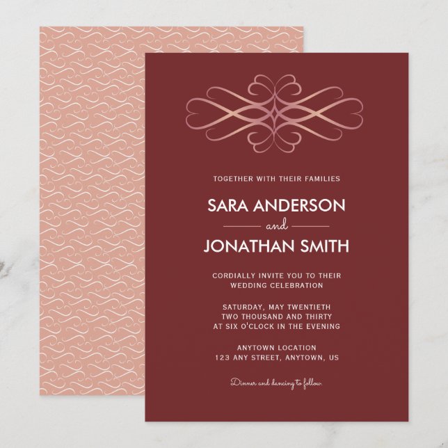 Invitación Swirls Rosa Gold | Boda de Borgoña (Anverso / Reverso)
