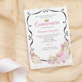 Invitación Swirly Black Frame Pink Floral Quinceanera