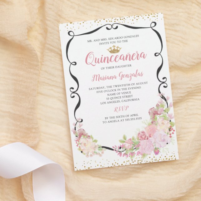 Invitación Swirly Black Frame Pink Floral Quinceanera (Subido por el creador)