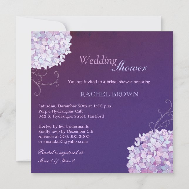 Invitación Swirly Hydrangeas Deep Purple Briple Shower (Anverso)