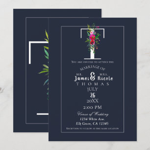 Invitación T Monograma Última Inicial Moderno Azul Floral Bod