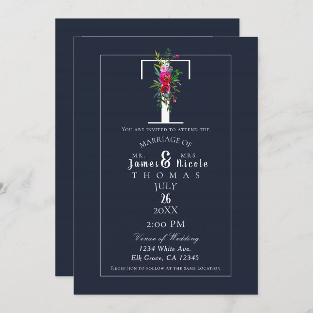 Invitación T Monograma Último Boda floral azul moderno inicia (Anverso / Reverso)
