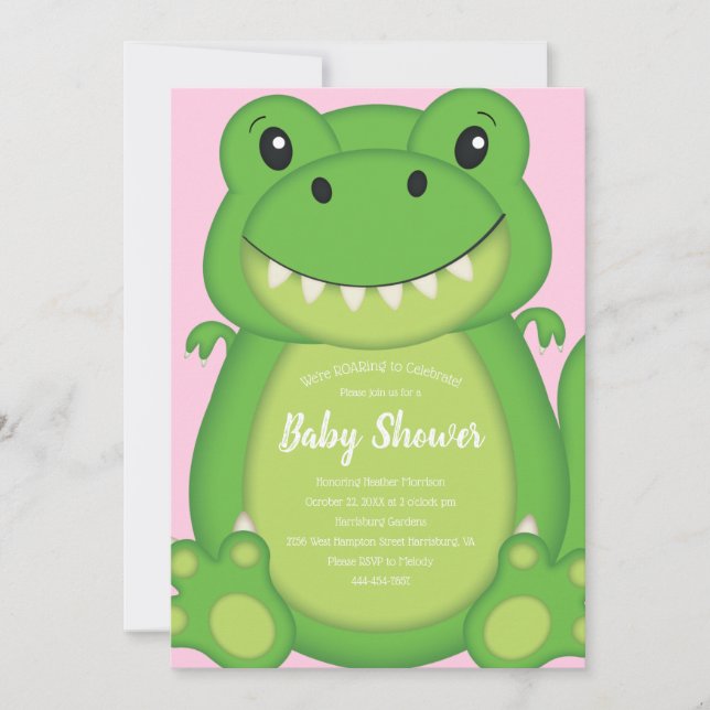 Invitación T-Rex Baby Shower Rosa (Anverso)