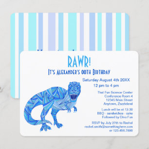 Invitación T-Rex Blue Dinosaur Prehistórico Birthday RAWR