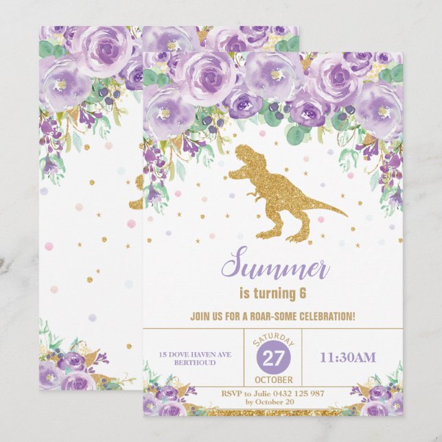 Invitación T-Rex, Chica de la fiesta de cumpleaños de los din (Anverso / Reverso)