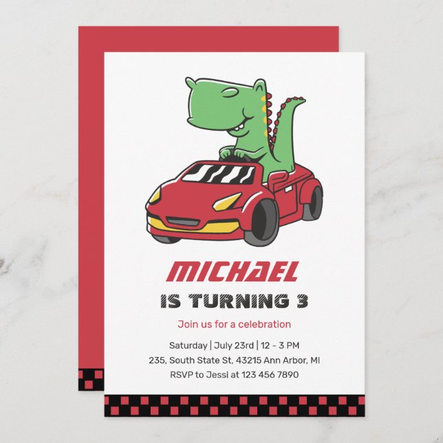Invitación T-Rex Conductor Race Car Kids Cumpleaños (Anverso / Reverso)