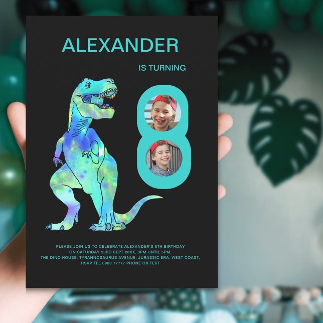 Invitación T-Rex Dino Boys 8ª fiesta de cumpleaños (Dinosaur T-Rex boys 8th birthday party invitation with photo template colorful dinosaur blue teal )