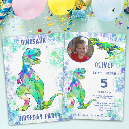 Invitación T. rex Dinosaur 5º Cumpleaños Foto Verde Azul