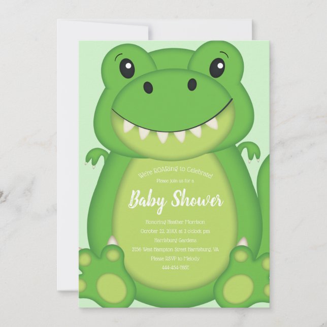 Invitación T-Rex Dinosaur Baby Shower Green (Anverso)