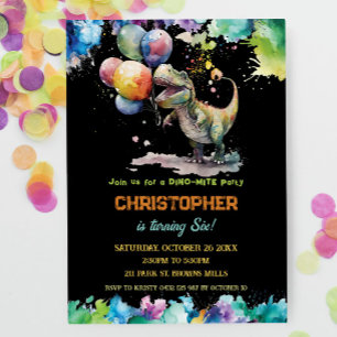 Invitación T-Rex Dinosaur Balloons Paint Splash Cumpleaños