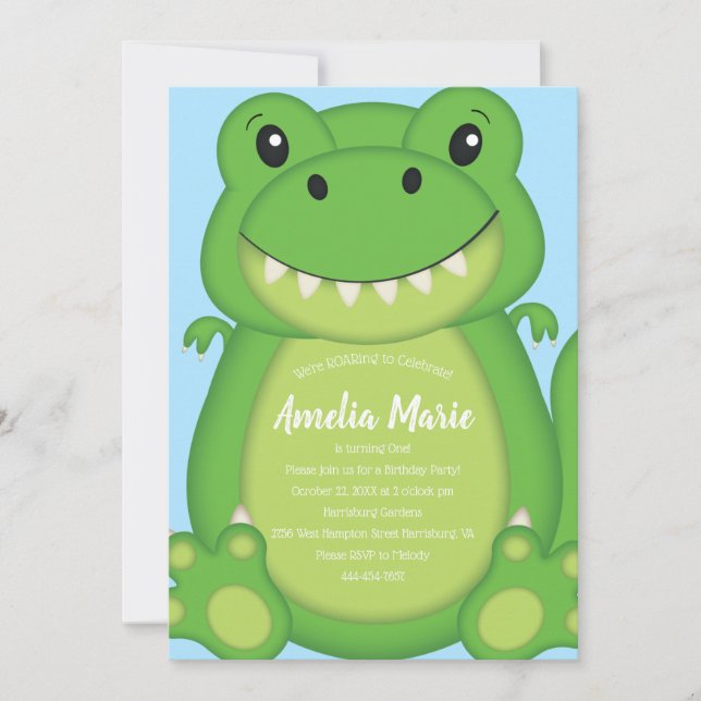Invitación T-Rex Dinosaur Birthday Party Blue (Anverso)