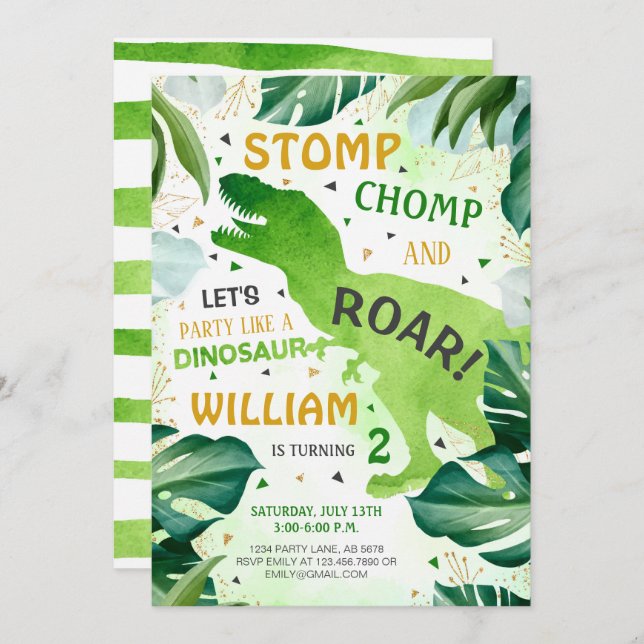 Invitación T Rex Dinosaur Boy Cumpleaños (Anverso / Reverso)