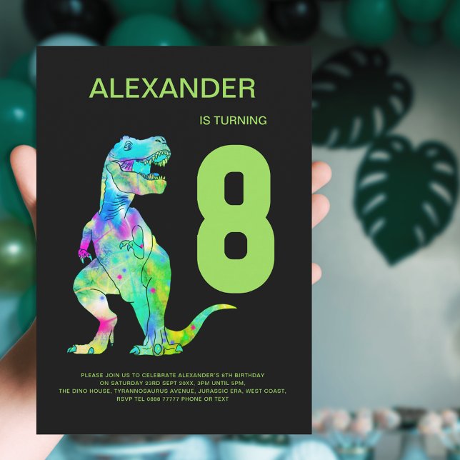 Invitación T-Rex Dinosaur Boys 8ª fiesta de cumpleaños (Colorful Dinosaur T-Rex boys 8th birthday party invitation green blue purple black)