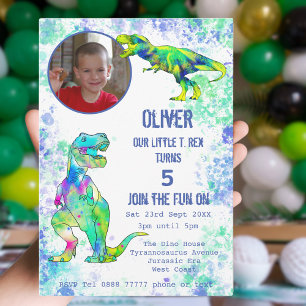 Invitación T rex Dinosaur Cumpleaños número 5 Foto Verde Azul