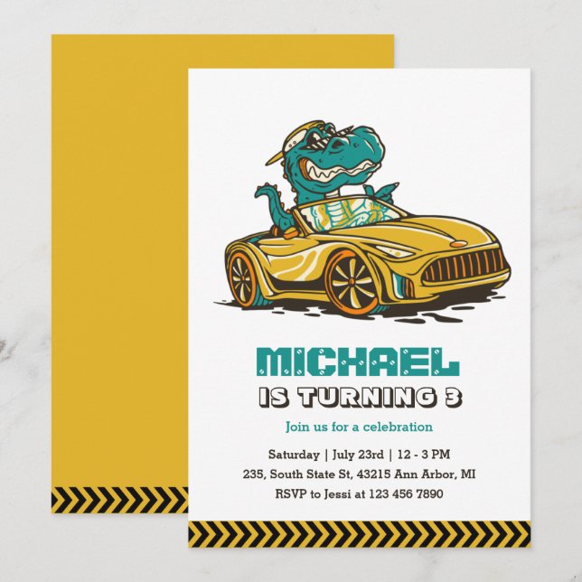 Invitación T-Rex Dinosaur Drive Yellow Car Kids Cumpleaños (Anverso / Reverso)