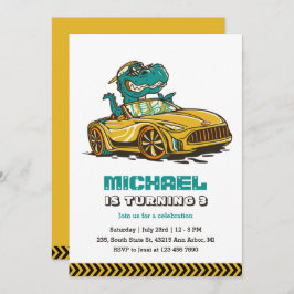 Invitación T-Rex Dinosaur Drive Yellow Car Kids Cumpleaños