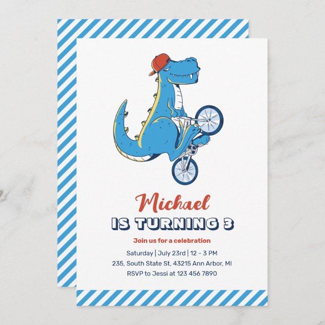 Invitación T-Rex Dinosaur Ride Bicicleta Niños Boys Cumpleaño (Anverso / Reverso)