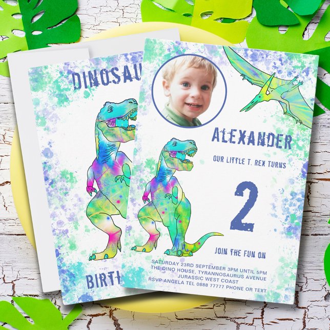 Invitación T-Rex Dinosaurio segundo Fiesta de cumpleaños (T-Rex dinosaur 2nd birthday party invitation watercolor Tyrannosaurus rex & pterodactyl flying dino)