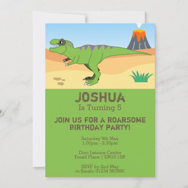 Invitación T-Rex Dinosaurio y Volcán 5ª Fiesta de Cumpleaños (Anverso)