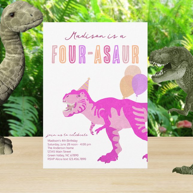 Invitación T-Rex Pink Four-Asaur Dino Cuarto Partido de Cumpl (Plan the perfect four-asaur dinosaur birthday party for your little Trex with these cute invitations)