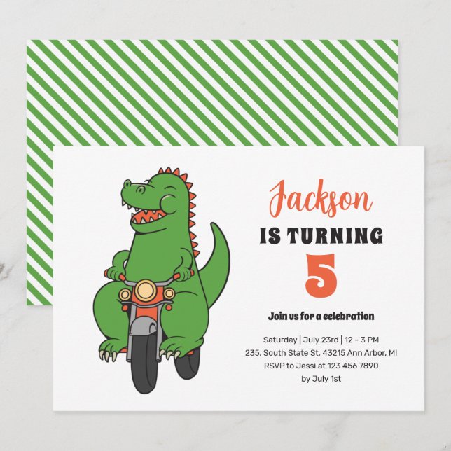 Invitación T-Rex Riding Bike Cute Kids Dinosaur Cumpleaños (Anverso / Reverso)