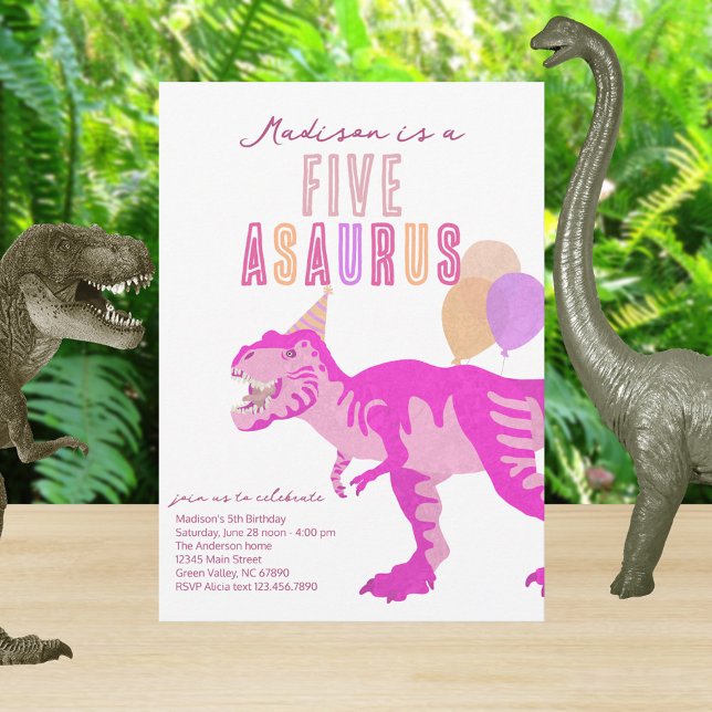Invitación T-Rex Rosa Cinco Asaurios Cualquier Fiesta de Cump (Change FIVE to any age you need on these dinosaur birthday party invitations for all ages)