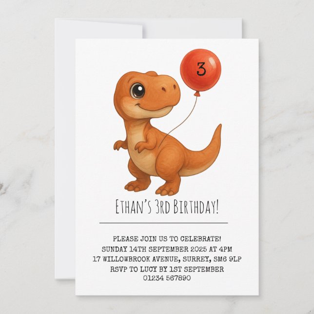Invitación T-Rex sonriente con cumpleaños con globo rojo (Anverso)