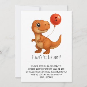 Invitación T-Rex sonriente con cumpleaños con globo rojo