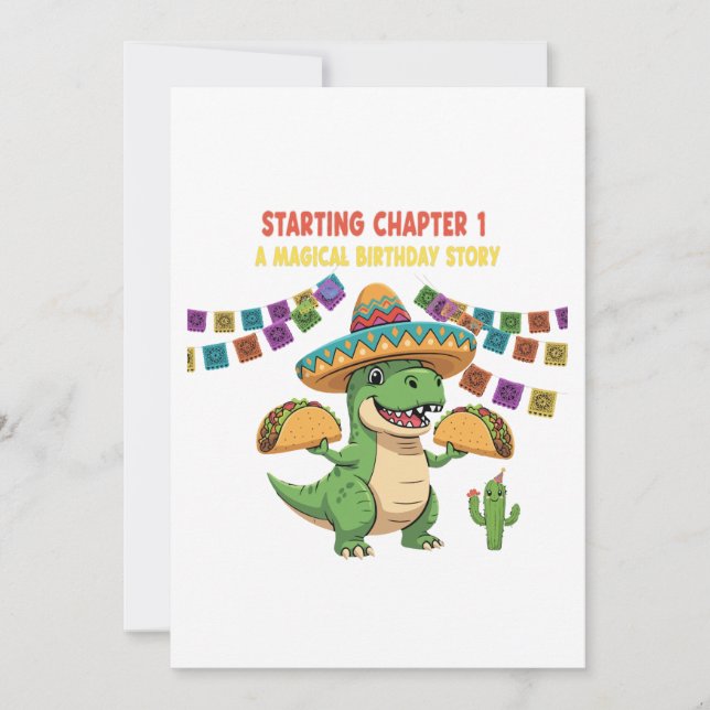 Invitación T-Rex Taco Fiesta Primer Cumpleaños | Capítulo ini (Anverso)