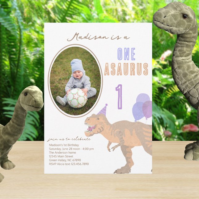 Invitación T-Rex Tan Foto Cualquier Edad Cuta Primer Fiesta D (Fully editable so you can change from 1st dinosaur birthday party to any date you might need)