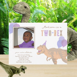 Invitación T-Rex Tan Photo Two-Rex Cute Segundo Fiesta de Cum