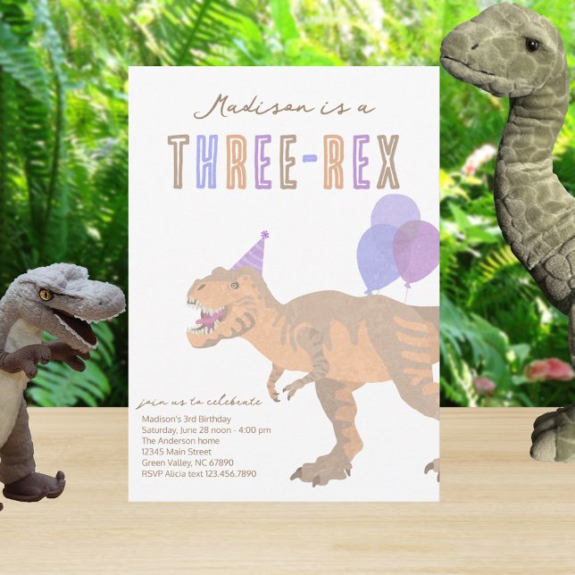 Invitación T-Rex Tan Tres Rex Dino Tercer Cumpleaños (Add your child's name to these cute dinosaur birthday invitations for your little three rex)