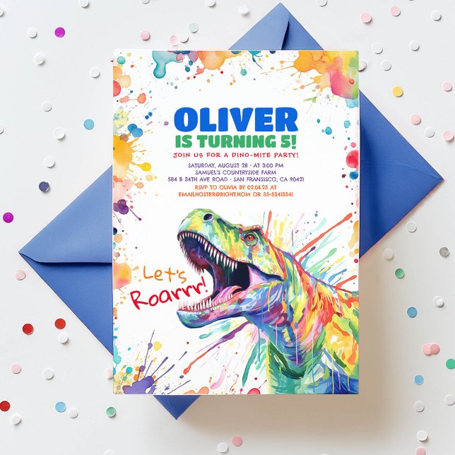 Invitación T-Rex Tyronasaurus Dinosaurio colorido cumpleaños (Let's Roar Dinosaur Birthday Invitation for Kids)