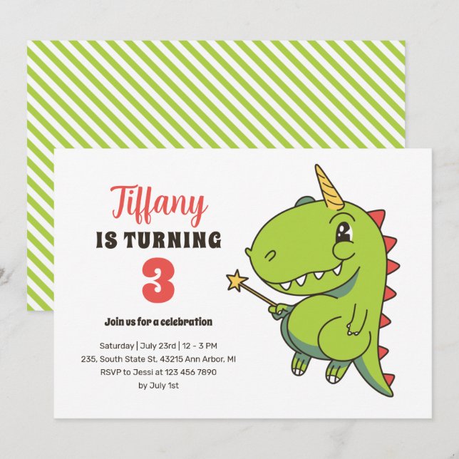 Invitación T-Rex Unicornio Niños de la industria láctea Dinos (Anverso / Reverso)