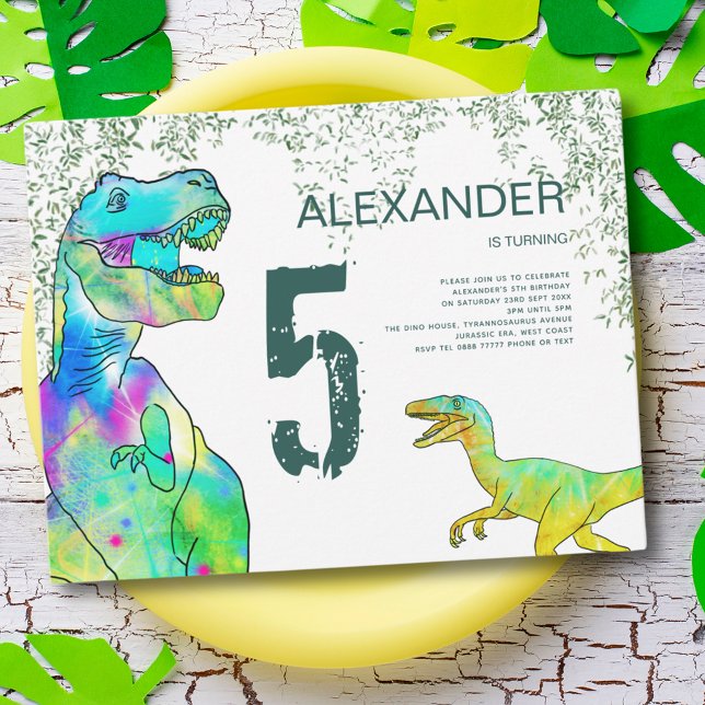 Invitación T-Rex y Raptor Dinosaur 5ª fiesta de cumpleaños (dinosaur 5th birthday party invitation with colorful T-Rex and Velociraptor )