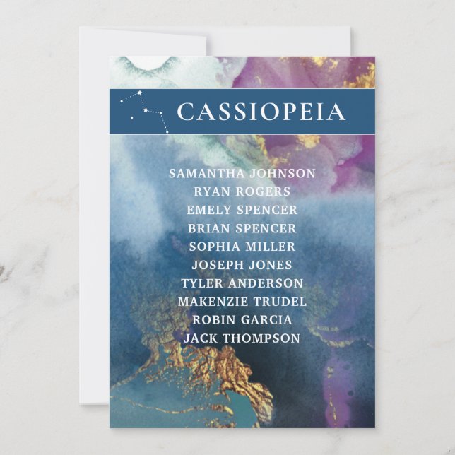 Invitación Tabla Cassiopeia Número de Asientos Celestes (Anverso)