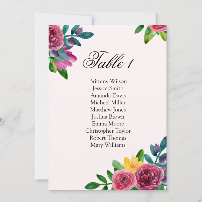 Invitación Tabla de asientos boda de flores románticas. Plan  (Anverso)