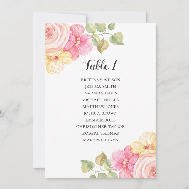 Invitación Tabla de asientos boda de flores rosadas. Plan de  (Anverso)