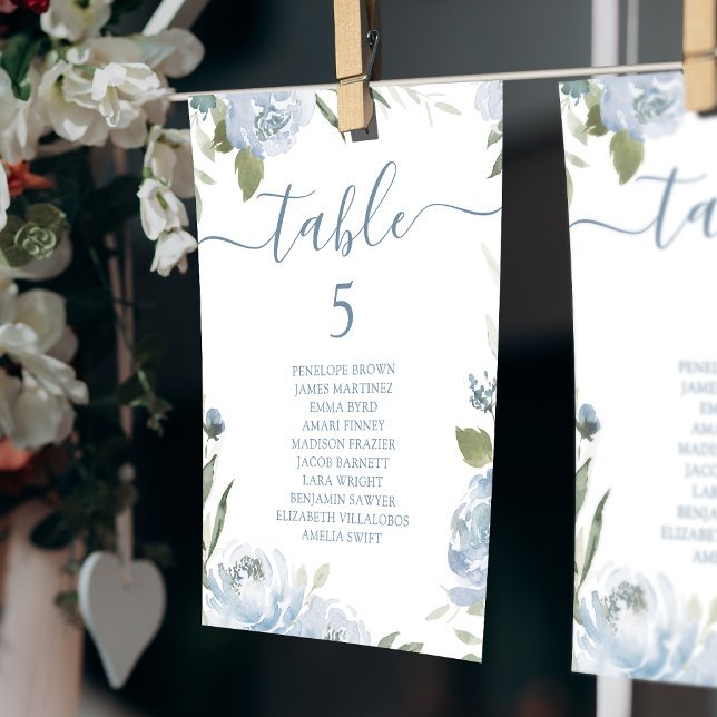 Invitación Tabla de asientos con número de mesas de flores az (Dusty blue floral table number seating chart)