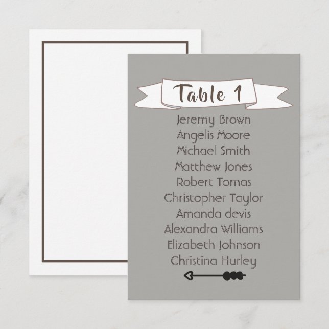 Invitación Tabla de asientos de boda gris. (Anverso / Reverso)